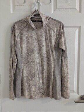 Kari Traa Tora Leaf Print Mock Neck Athletic Running Hiking Top Grey Taupe - L